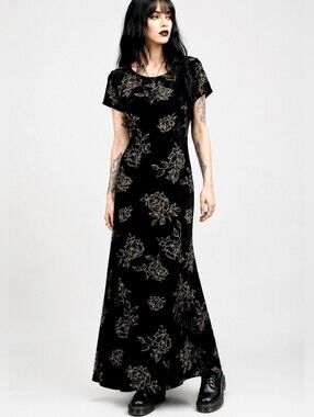 Vintage CLE Paris Black Burnout Velvet Floral Maxi Dress 90s Whimsigoth L